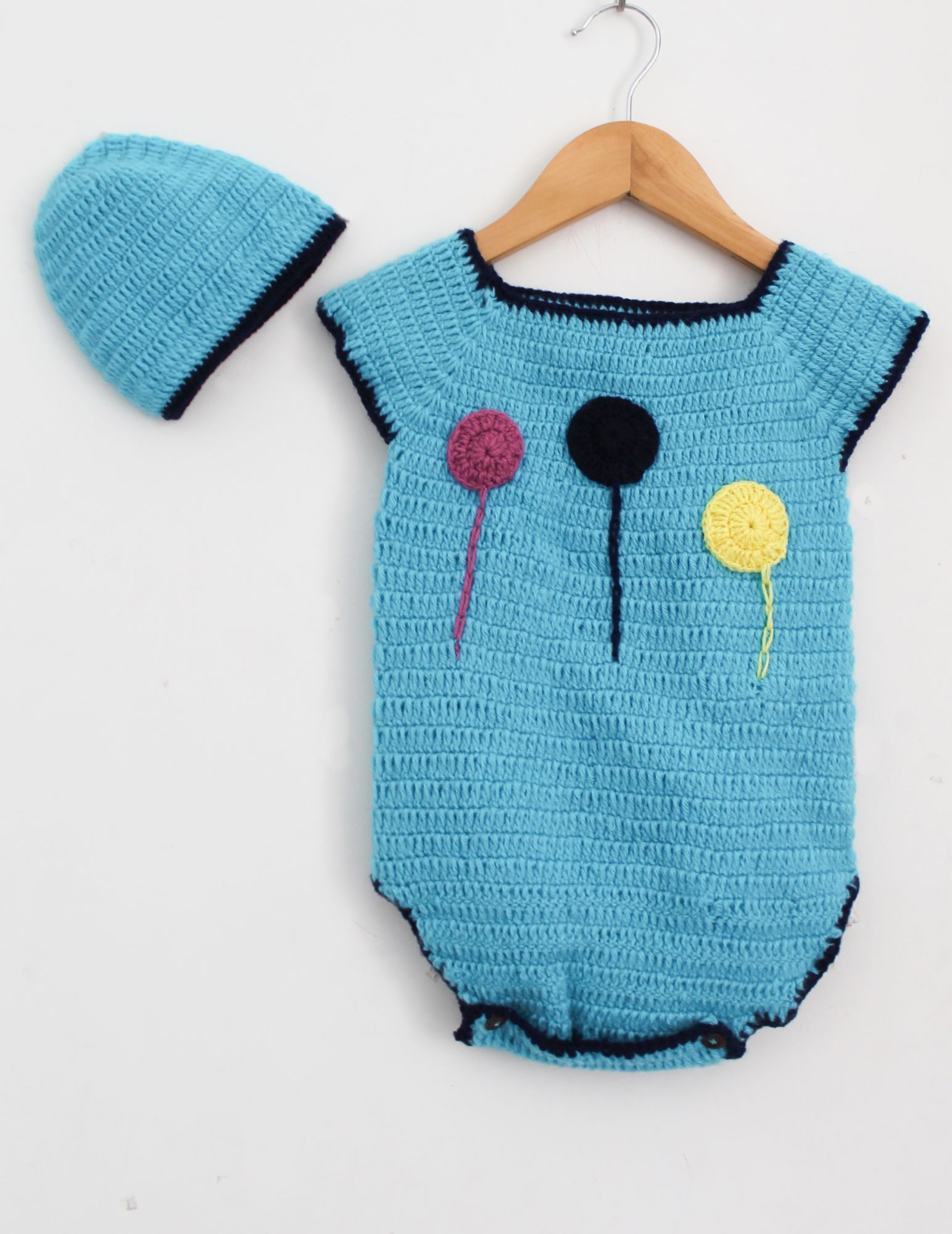 Woonie Handmade Short Sleeves Balloon Patch Onesie With Cap - Blue