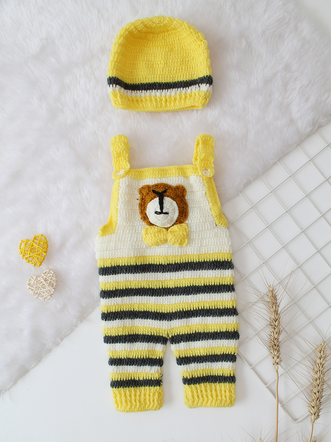 Woonie Crochet Bear Applique Dungaree with Cap - Yellow