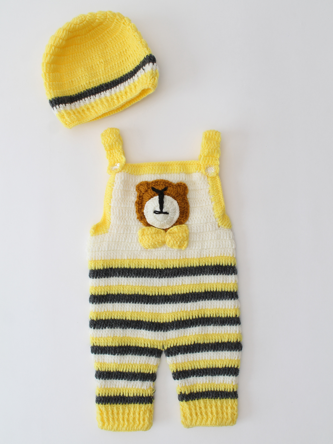 Woonie Crochet Bear Applique Dungaree with Cap - Yellow