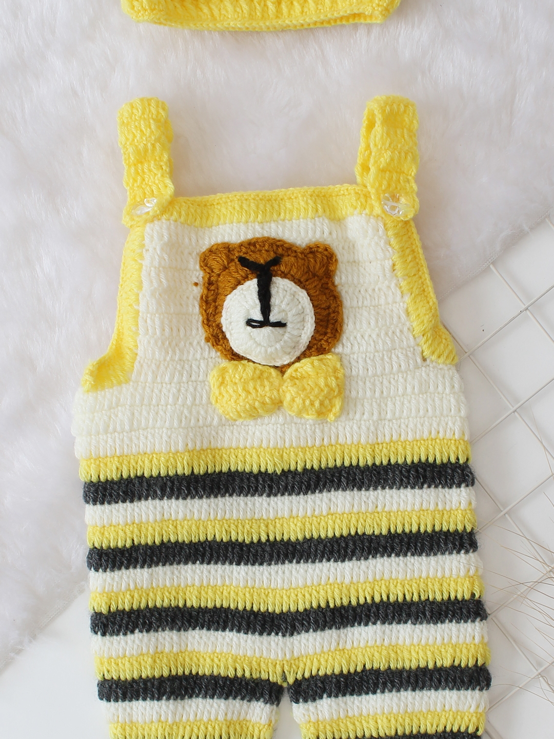 Woonie Crochet Bear Applique Dungaree with Cap - Yellow