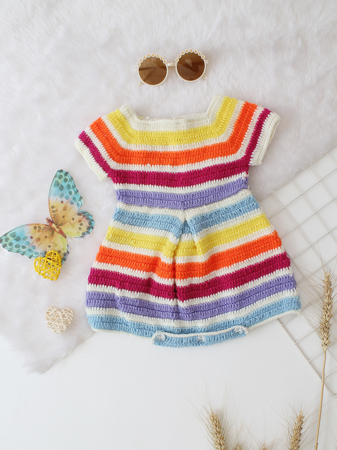 Woonie Crochet Striped Romper - Multicolored