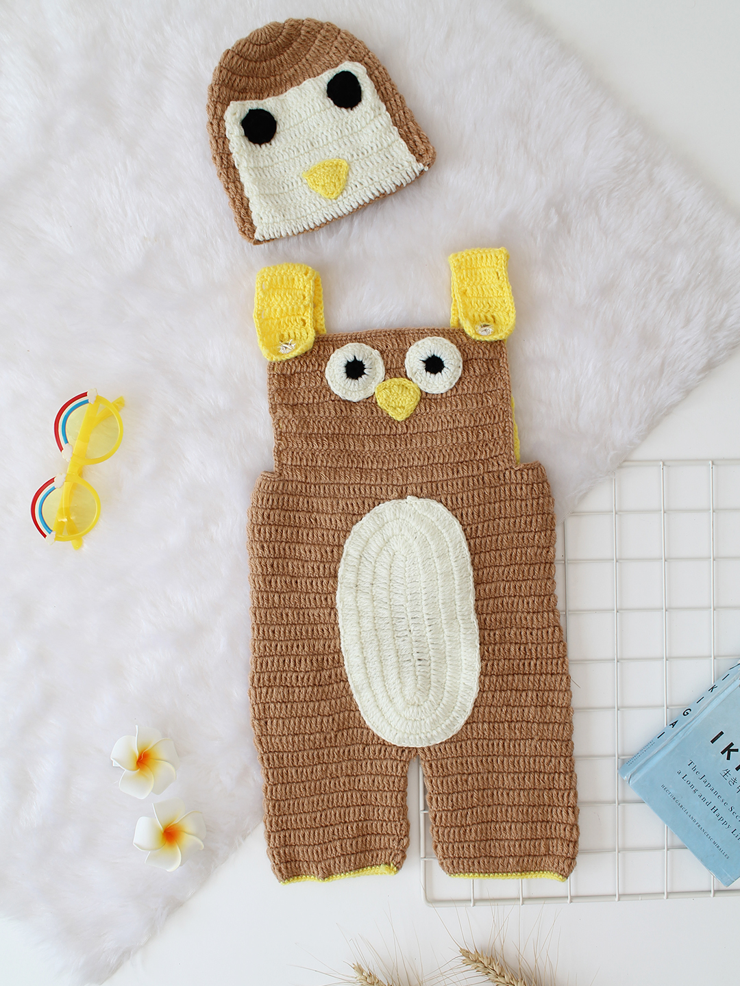 Woonie Crochet Owl Design Dungaree with Cap - Beige