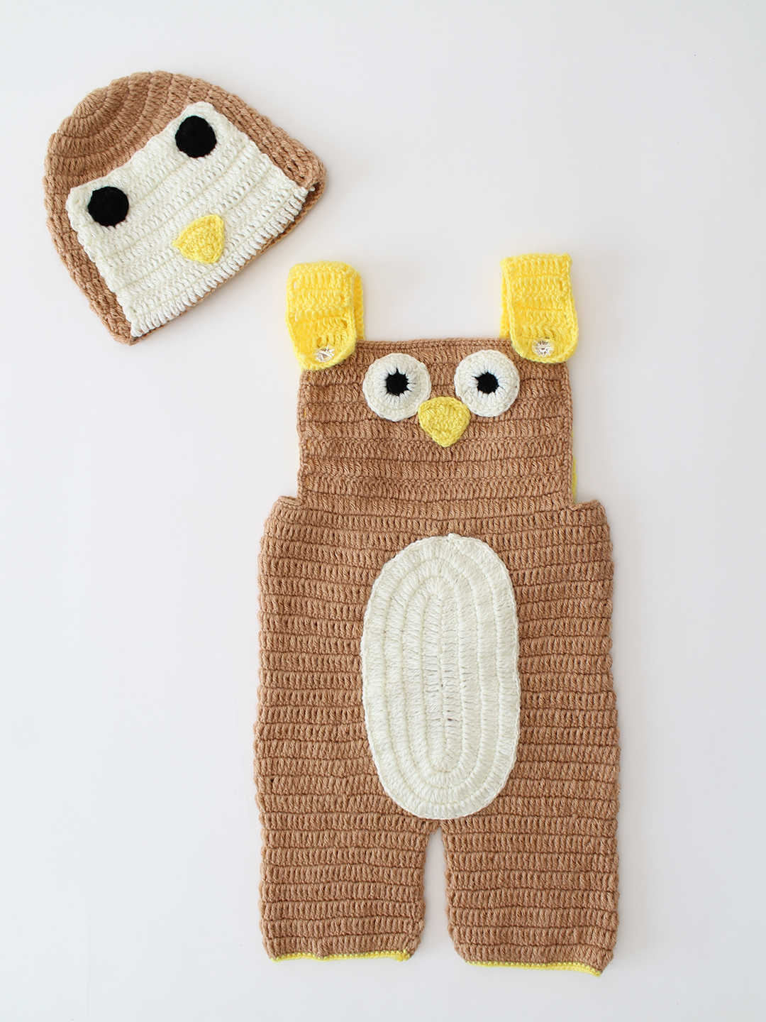 Woonie Crochet Owl Design Dungaree with Cap - Beige