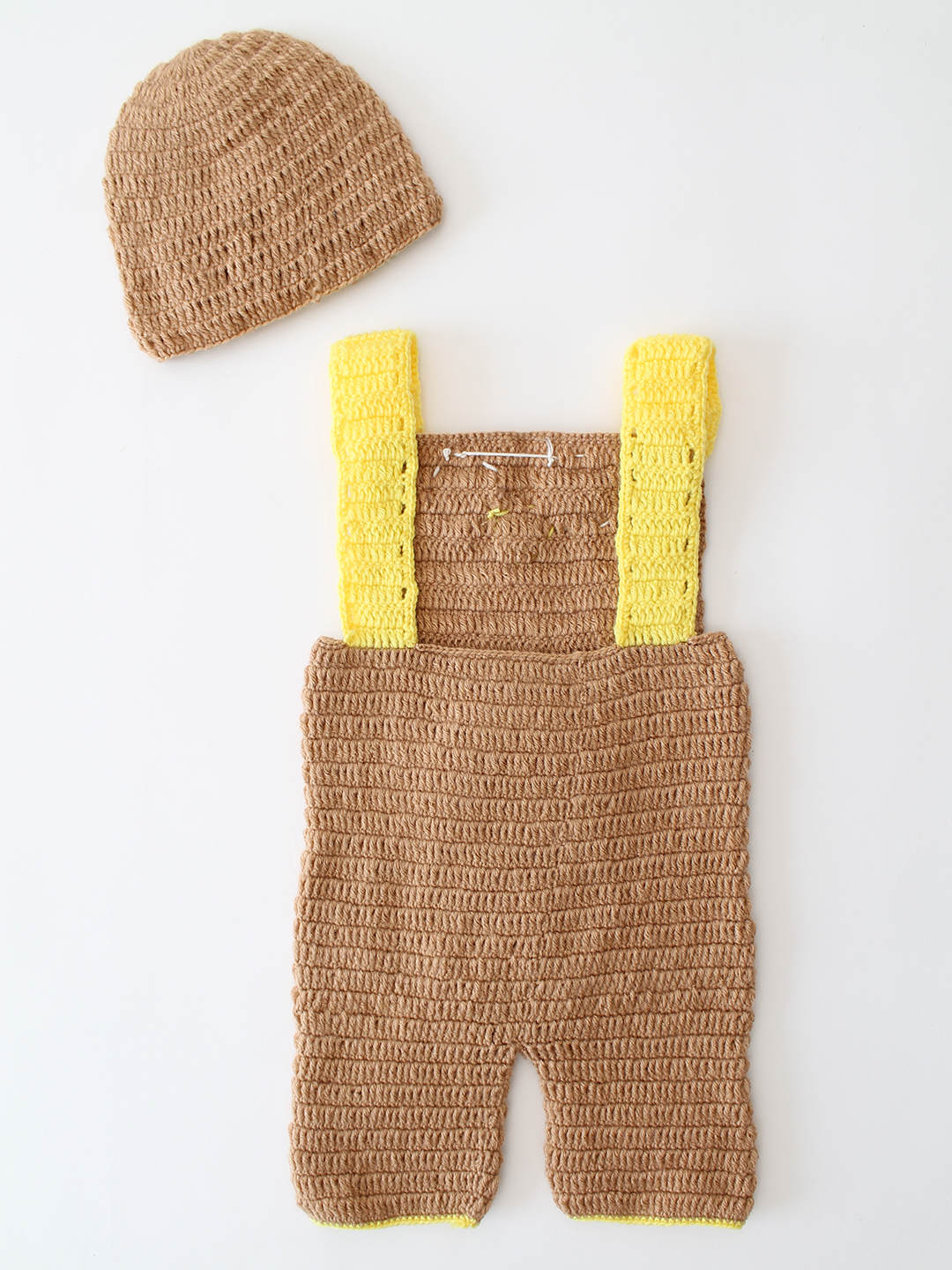 Woonie Crochet Owl Design Dungaree with Cap - Beige