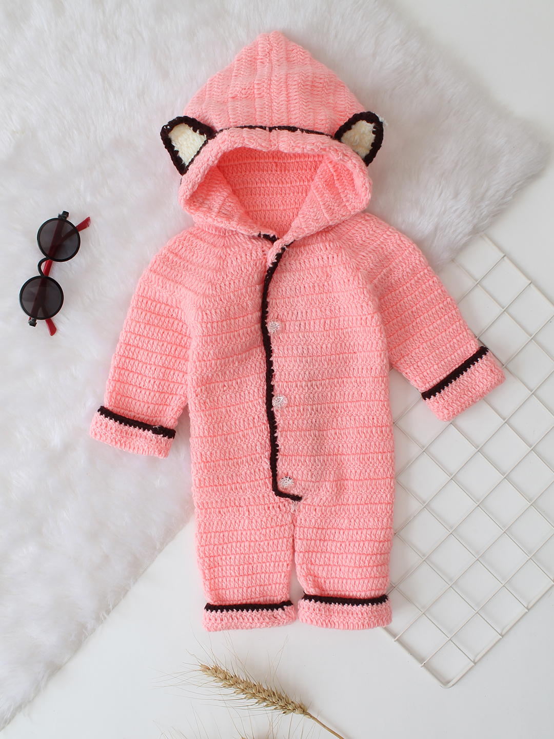 Woonie Crochet Self Design Jumpsuit - Peach