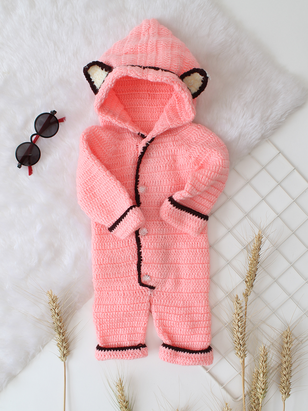 Woonie Crochet Self Design Jumpsuit - Peach