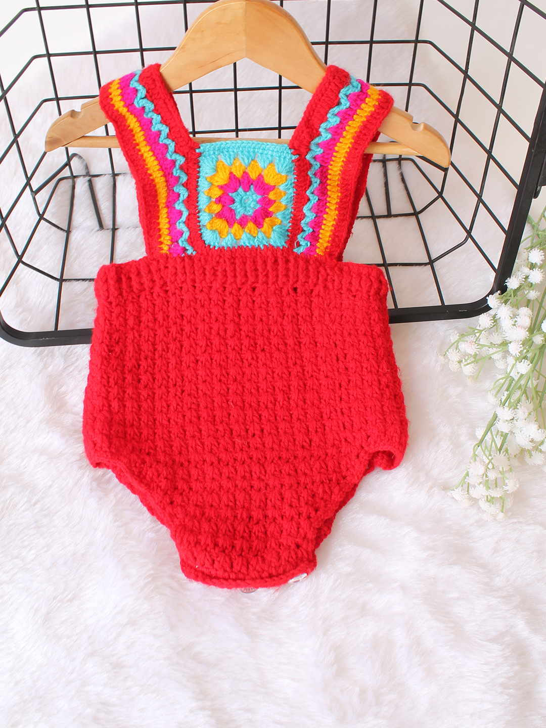 Woonie Crochet Self Design Romper - Red