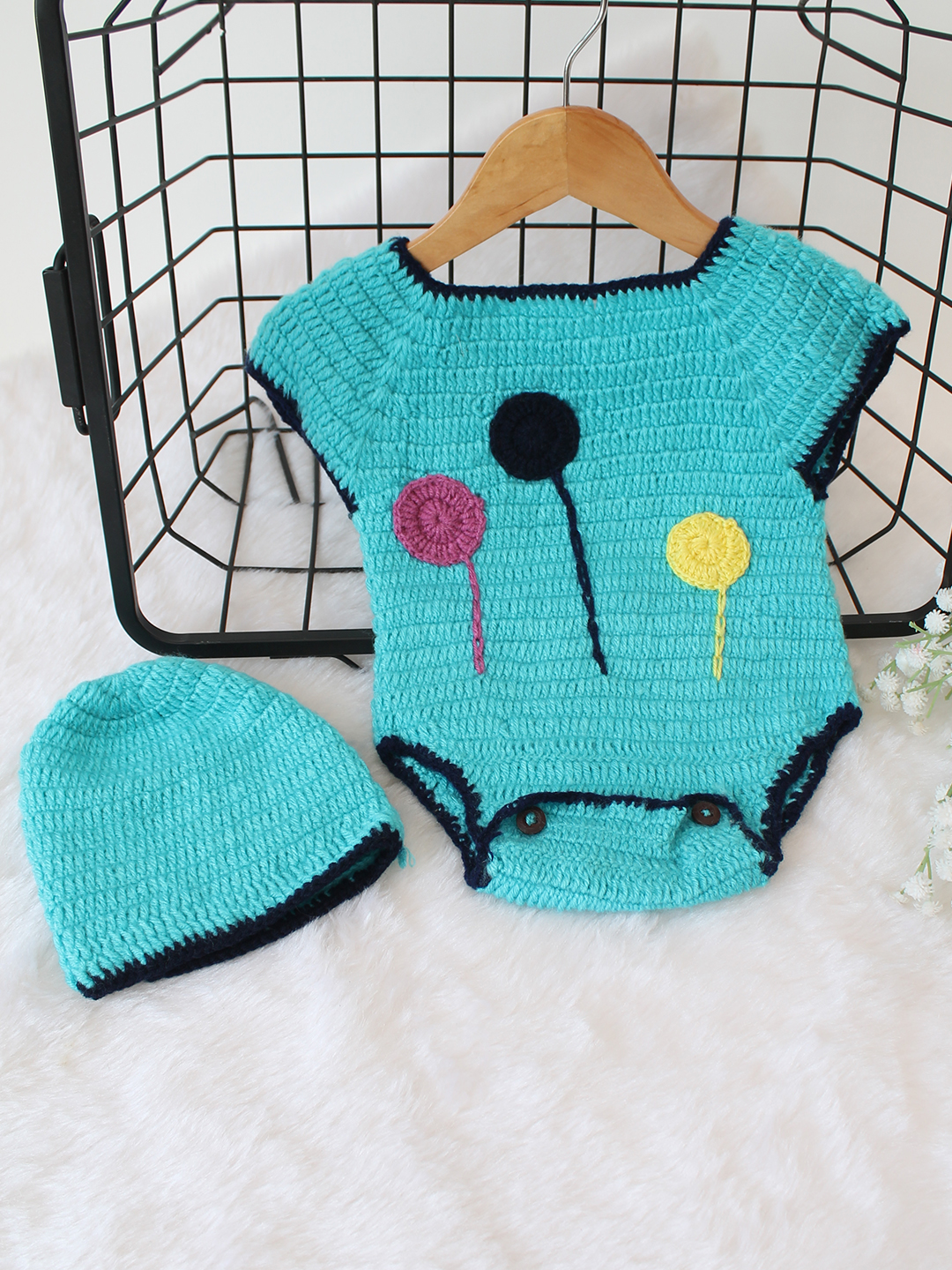 Woonie Crochet Self Design Romper with Cap - Blue