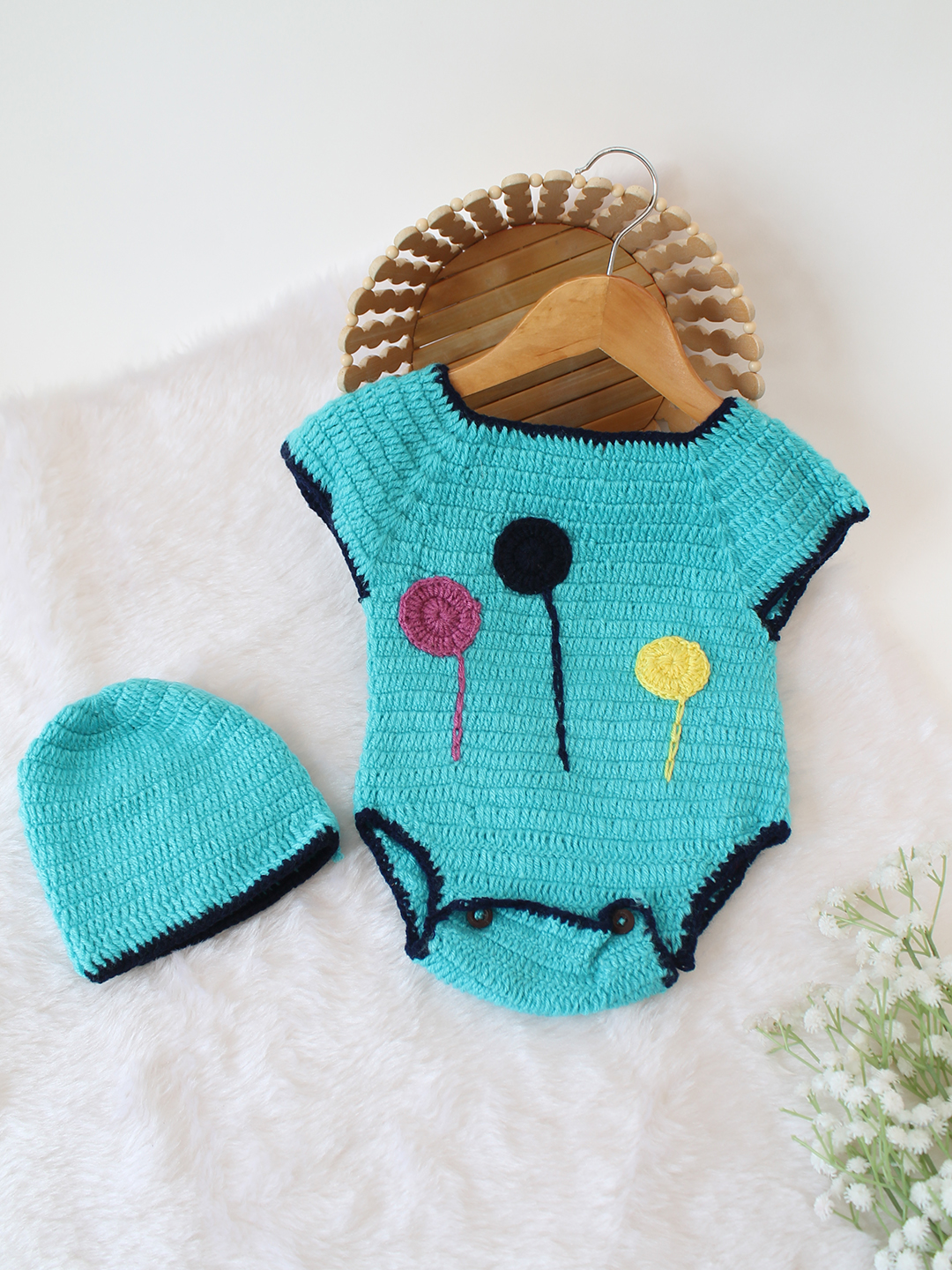 Woonie Crochet Self Design Romper with Cap - Blue