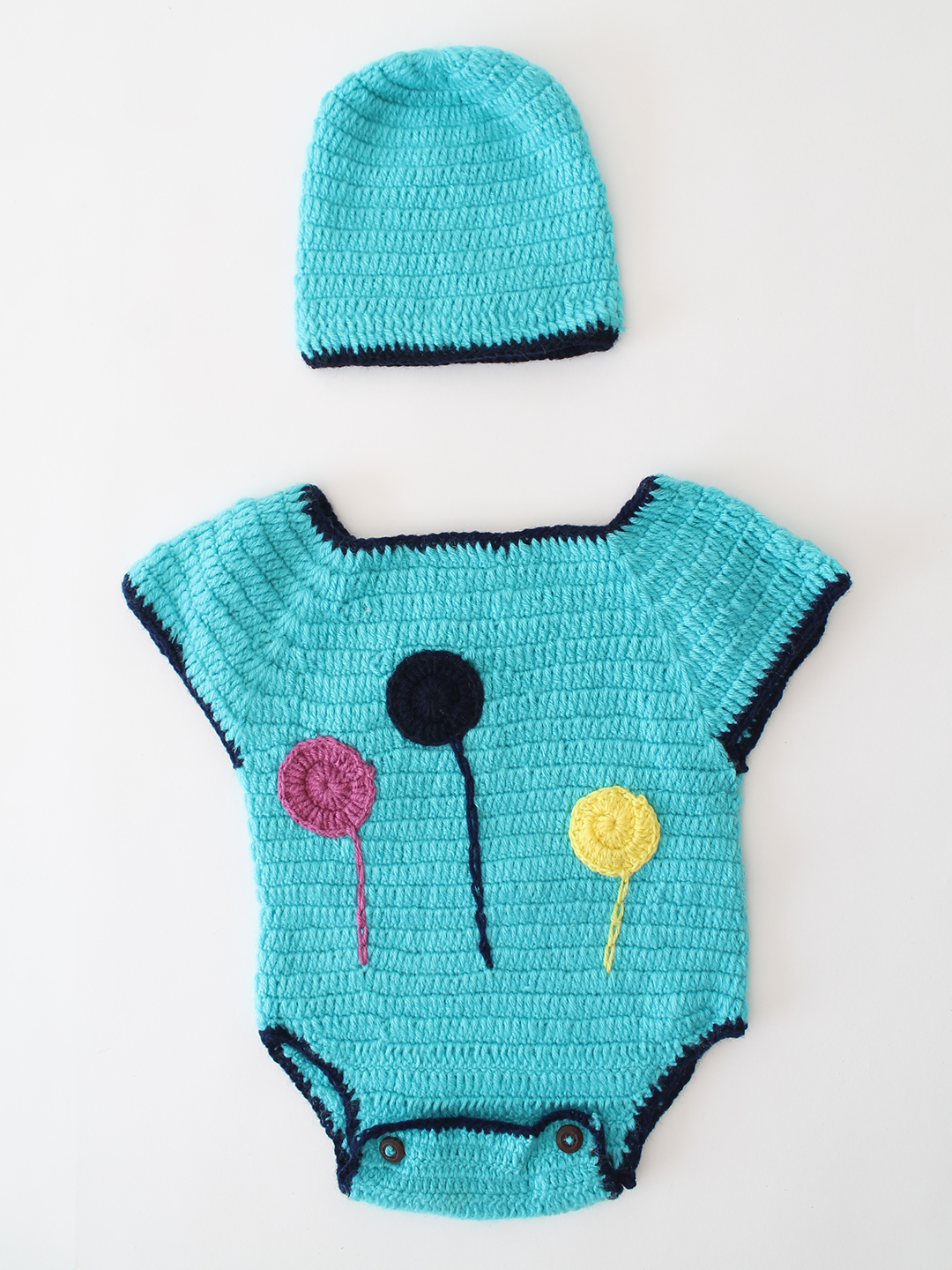 Woonie Crochet Self Design Romper with Cap - Blue