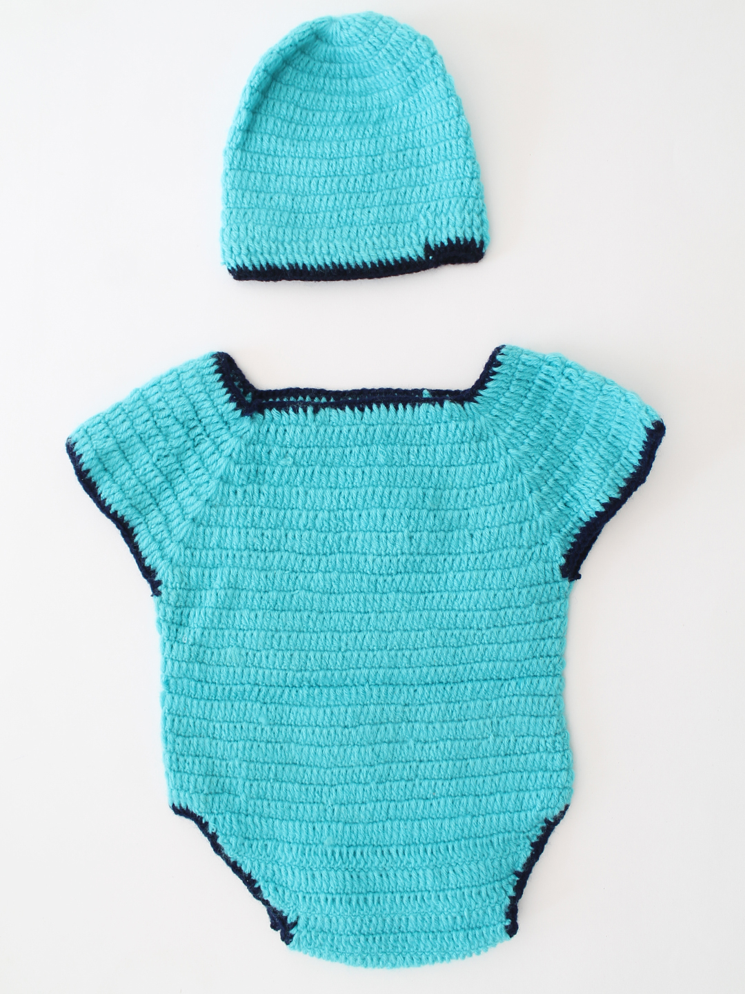 Woonie Crochet Self Design Romper with Cap - Blue