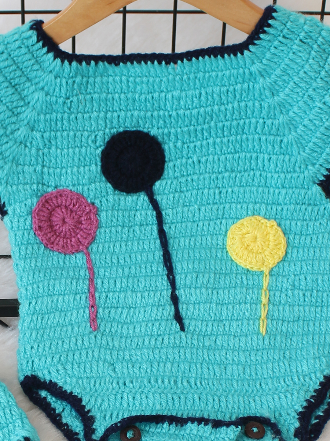 Woonie Crochet Self Design Romper with Cap - Blue