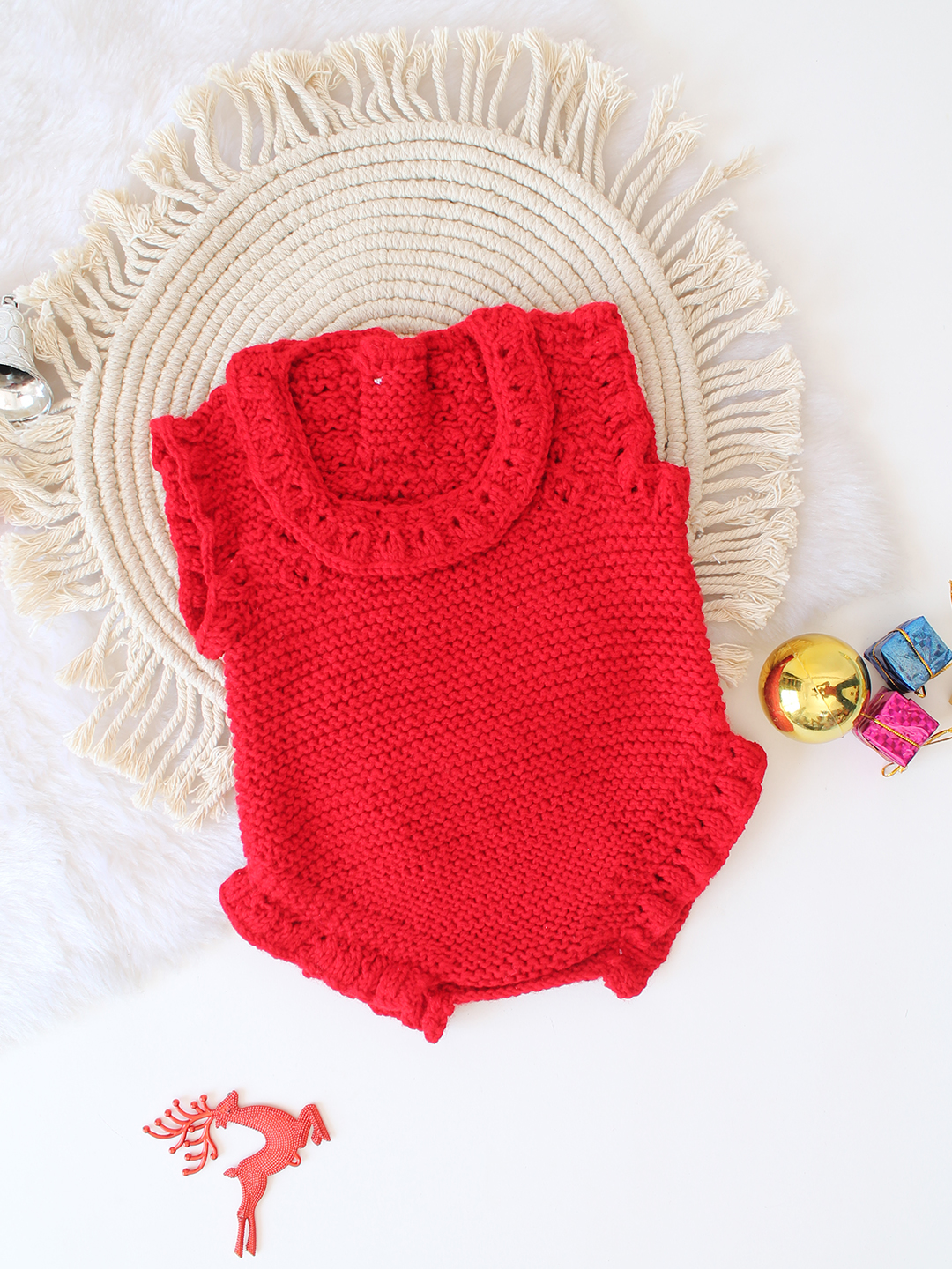 Woonie Crochet Frill Detailed Romper - Red