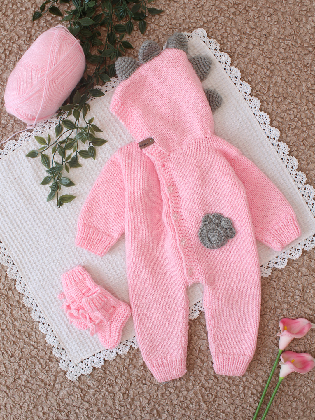 Woonie Handknitted DiSelf Designsaur Detailed Jumpsuit with Matching Socks - Pink