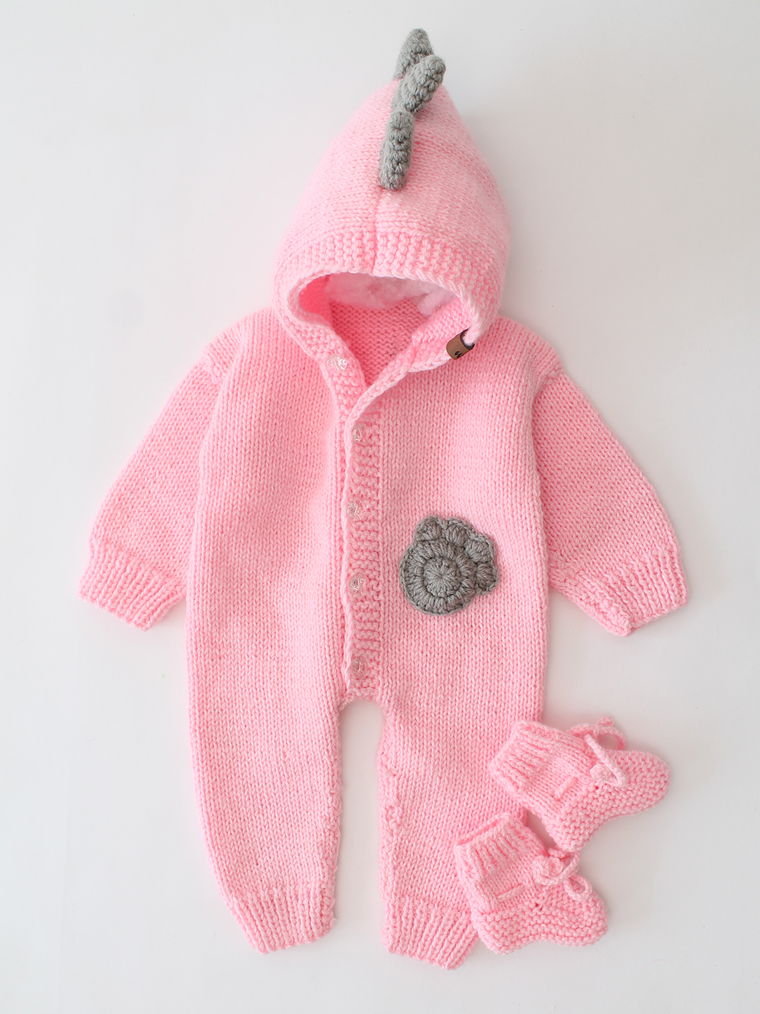 Woonie Handknitted DiSelf Designsaur Detailed Jumpsuit with Matching Socks - Pink