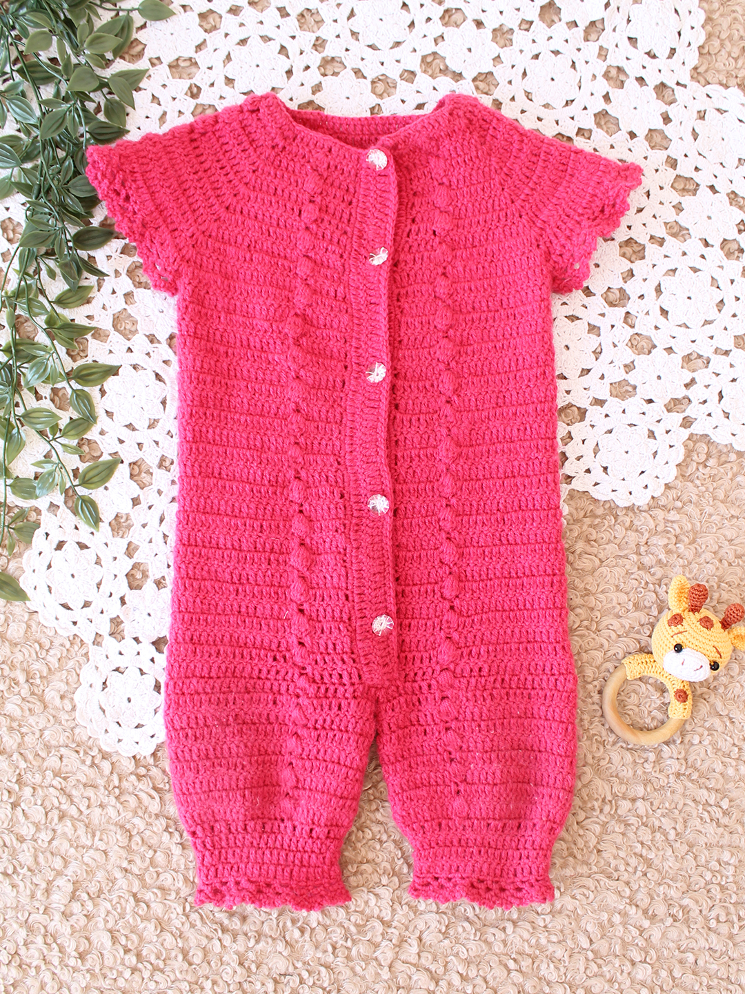 Woonie Crochet Front OpeSelf Designble Jumpsuit - Pink