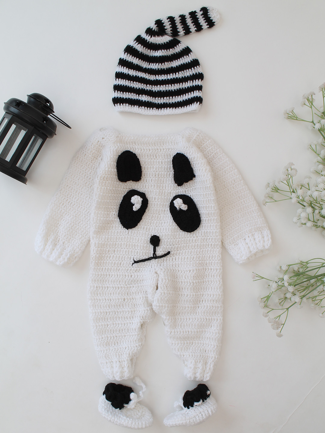 Woonie Crochet Panda Design Jumpsuit with Matching Cap and Booties - White