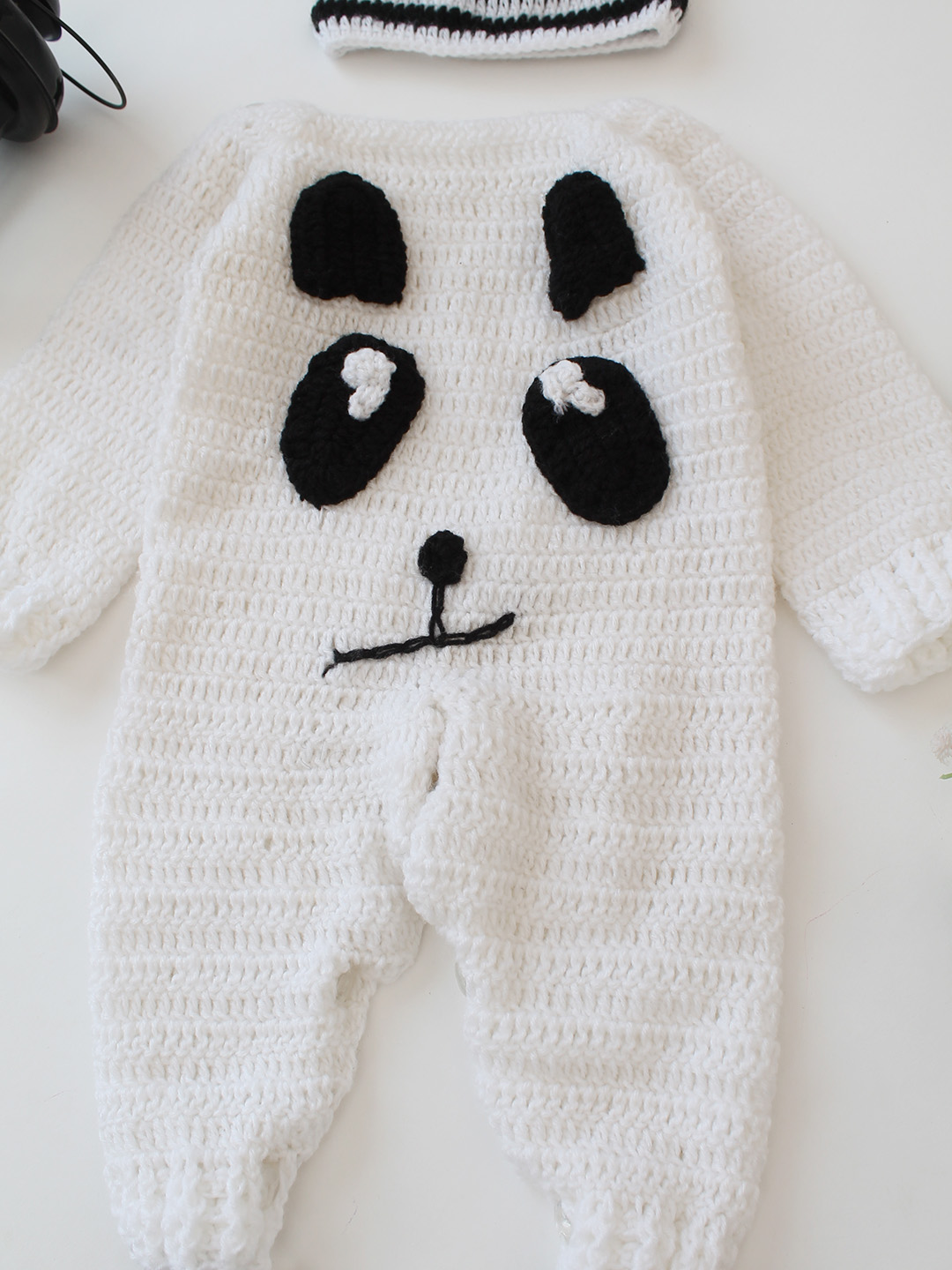 Woonie Crochet Panda Design Jumpsuit with Matching Cap and Booties - White