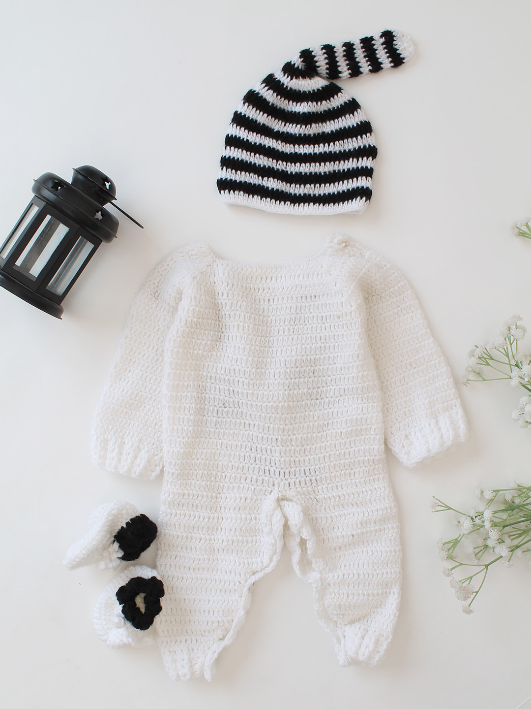 Woonie Crochet Panda Design Jumpsuit with Matching Cap and Booties - White