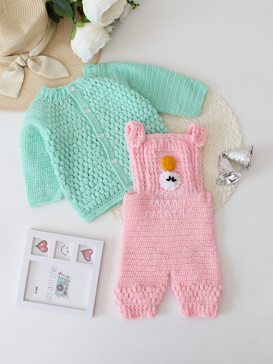 Woonie Crochet Dungaree with Contrast Sweater - Pink