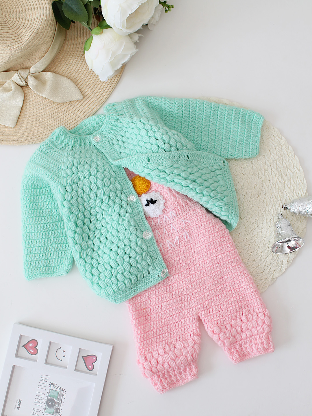 Woonie Crochet Dungaree with Contrast Sweater - Pink