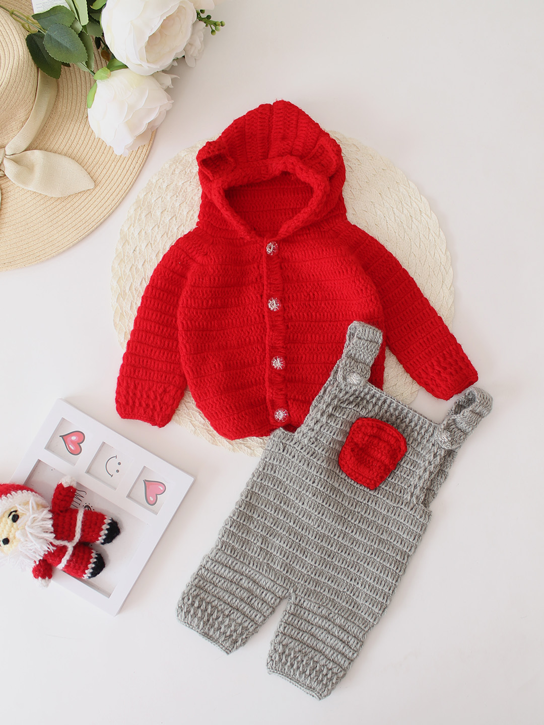 Woonie Crochet Dungaree with Contrast Hooded Sweater - Red