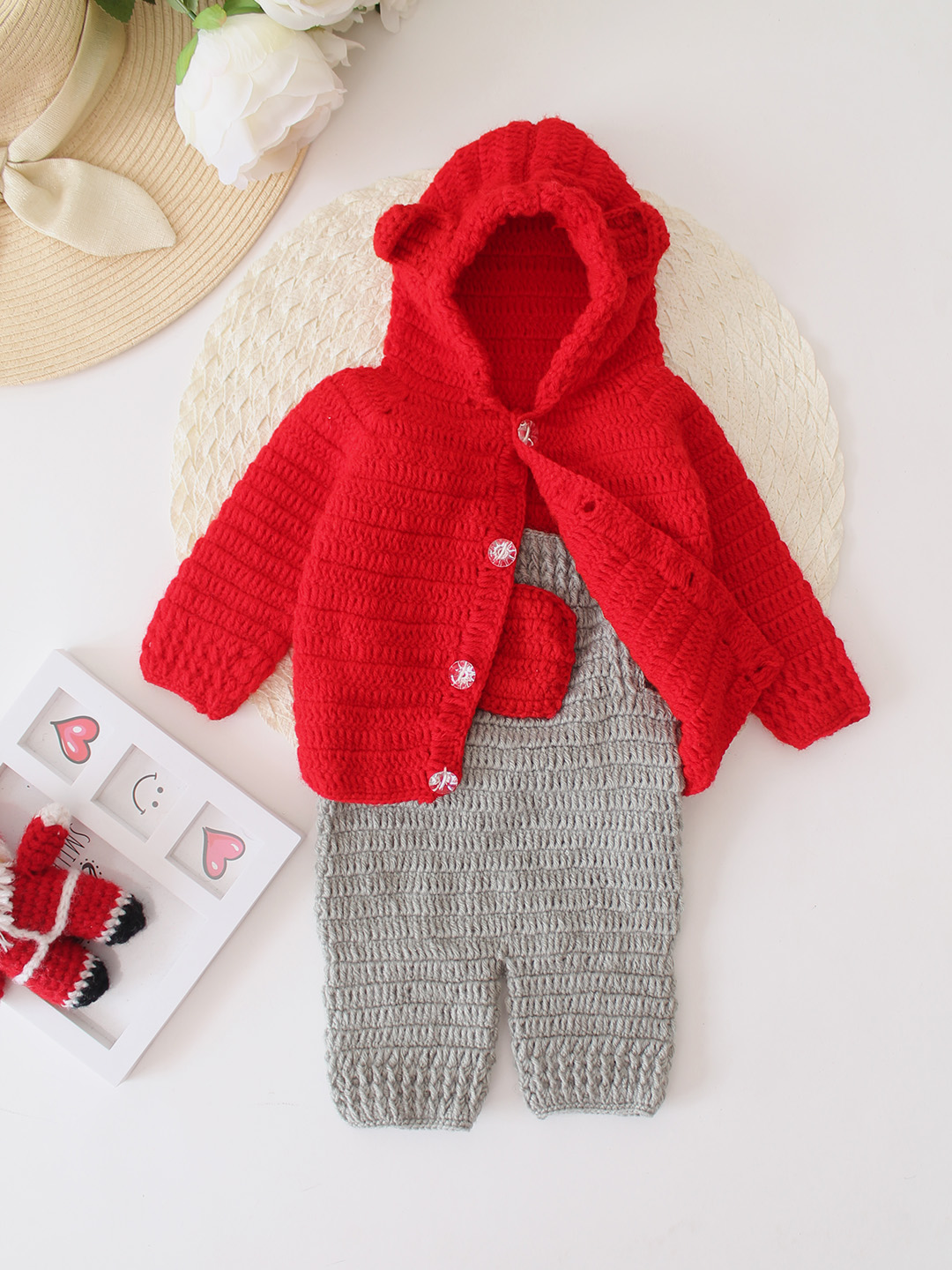 Woonie Crochet Dungaree with Contrast Hooded Sweater - Red