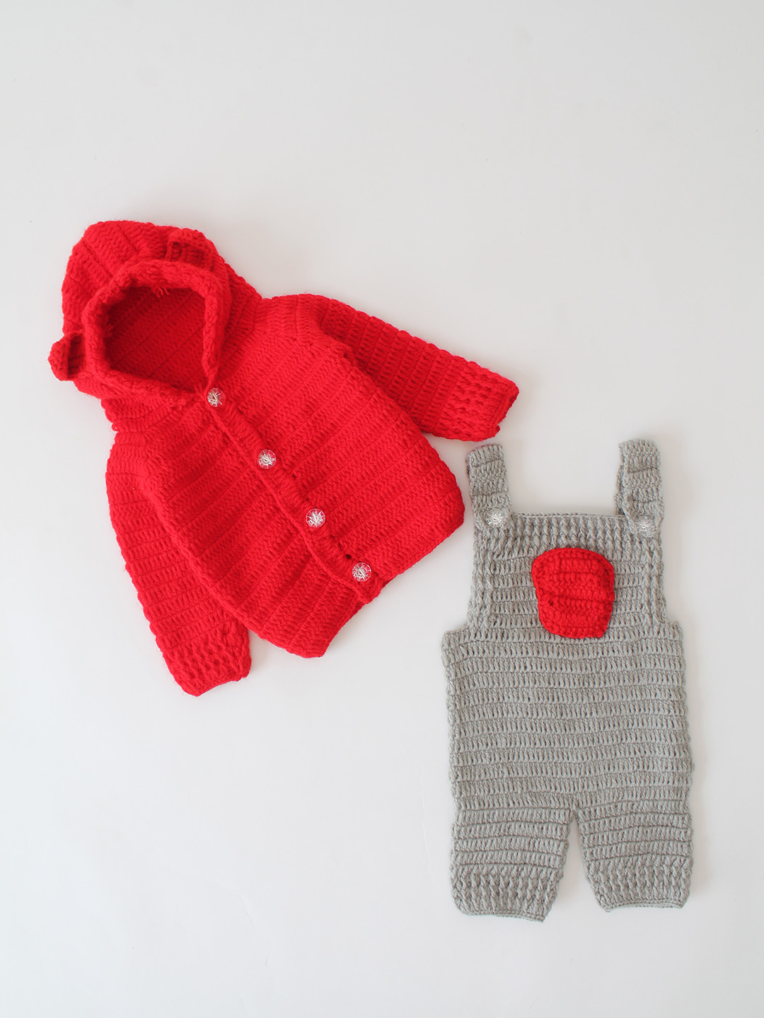 Woonie Crochet Dungaree with Contrast Hooded Sweater - Red