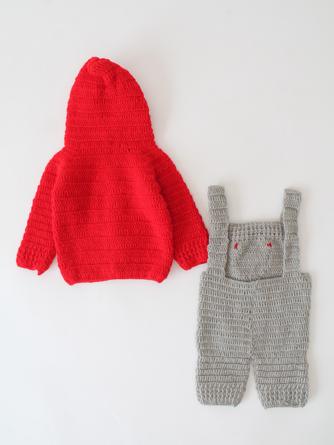 Woonie Crochet Dungaree with Contrast Hooded Sweater - Red