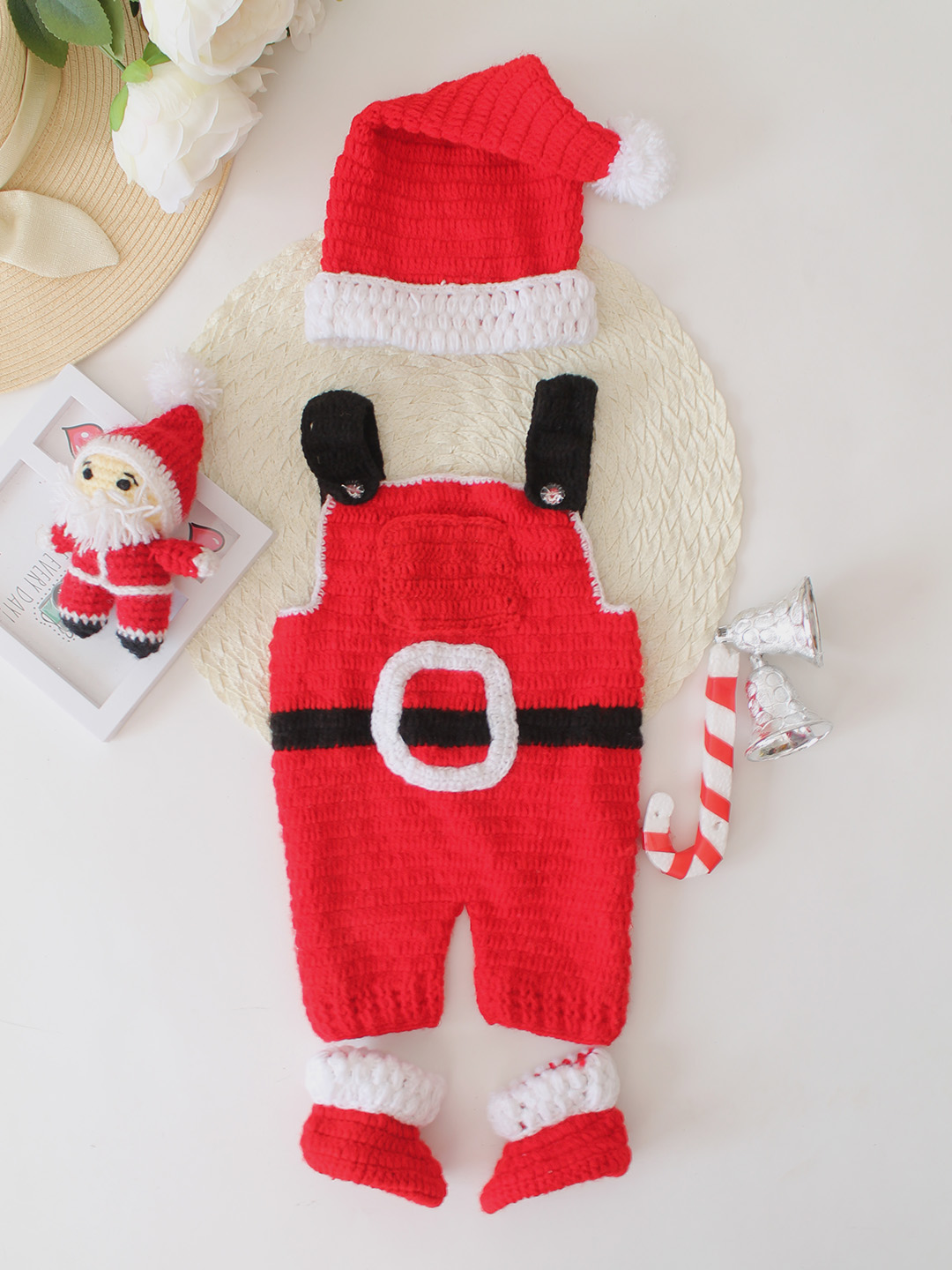 Woonie Crochet Christmas Dungaree with Cap and Boots - Red