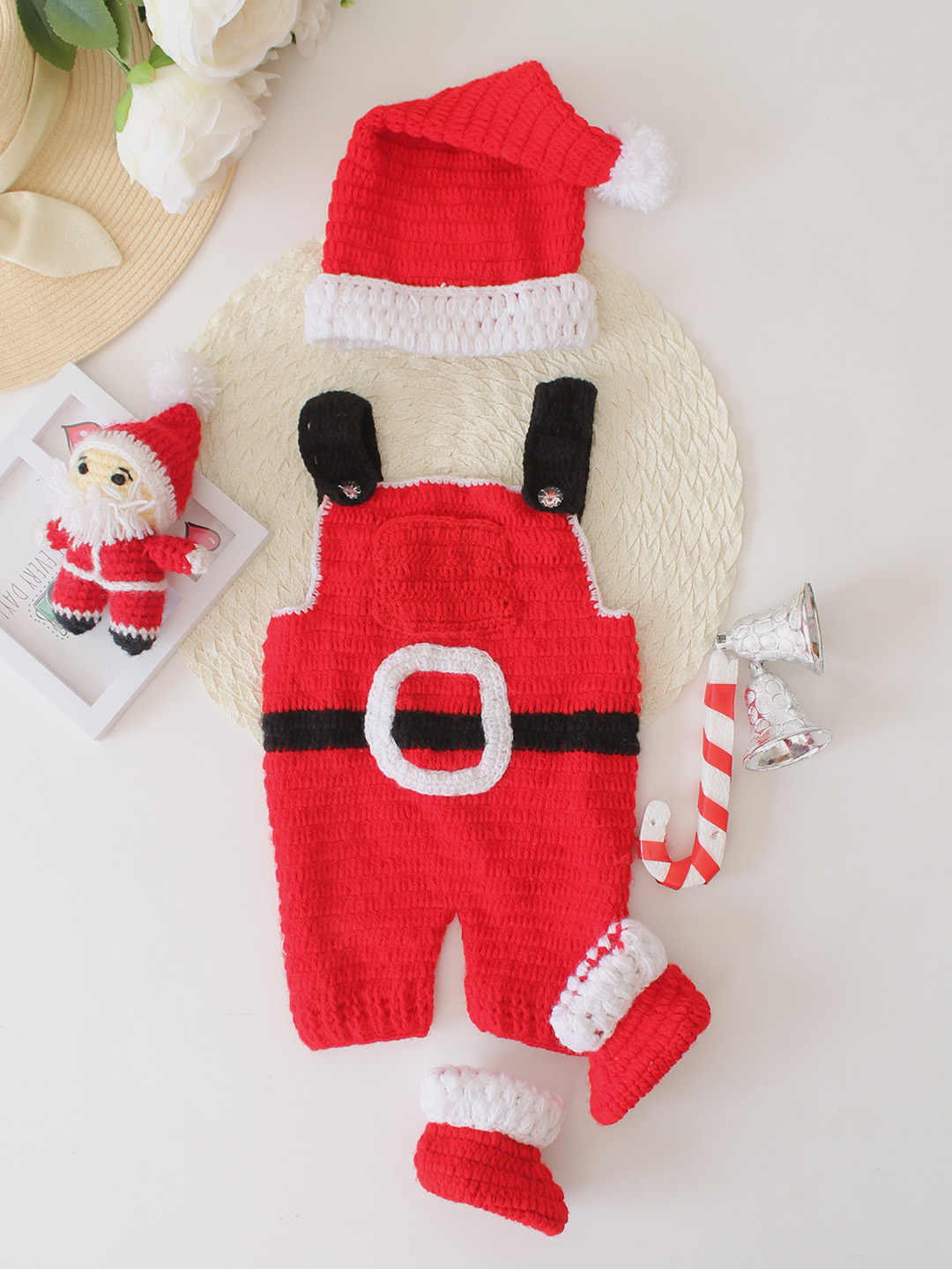 Woonie Crochet Christmas Dungaree with Cap and Boots - Red