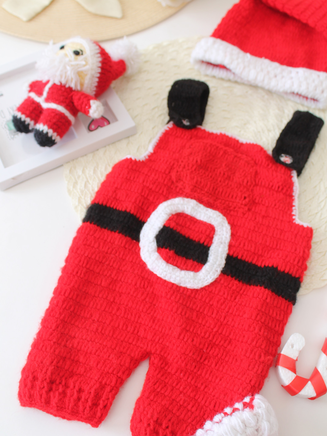 Woonie Crochet Christmas Dungaree with Cap and Boots - Red