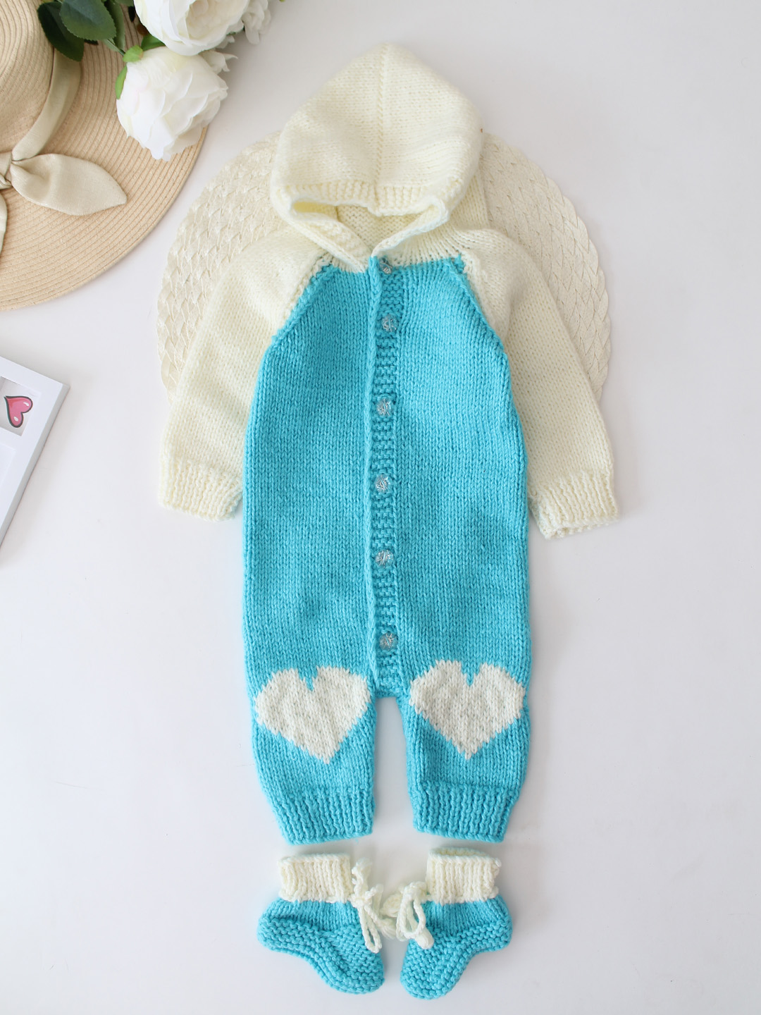 Woonie Handknitted Hooded Jumpsuit with Matching Socks - Blue