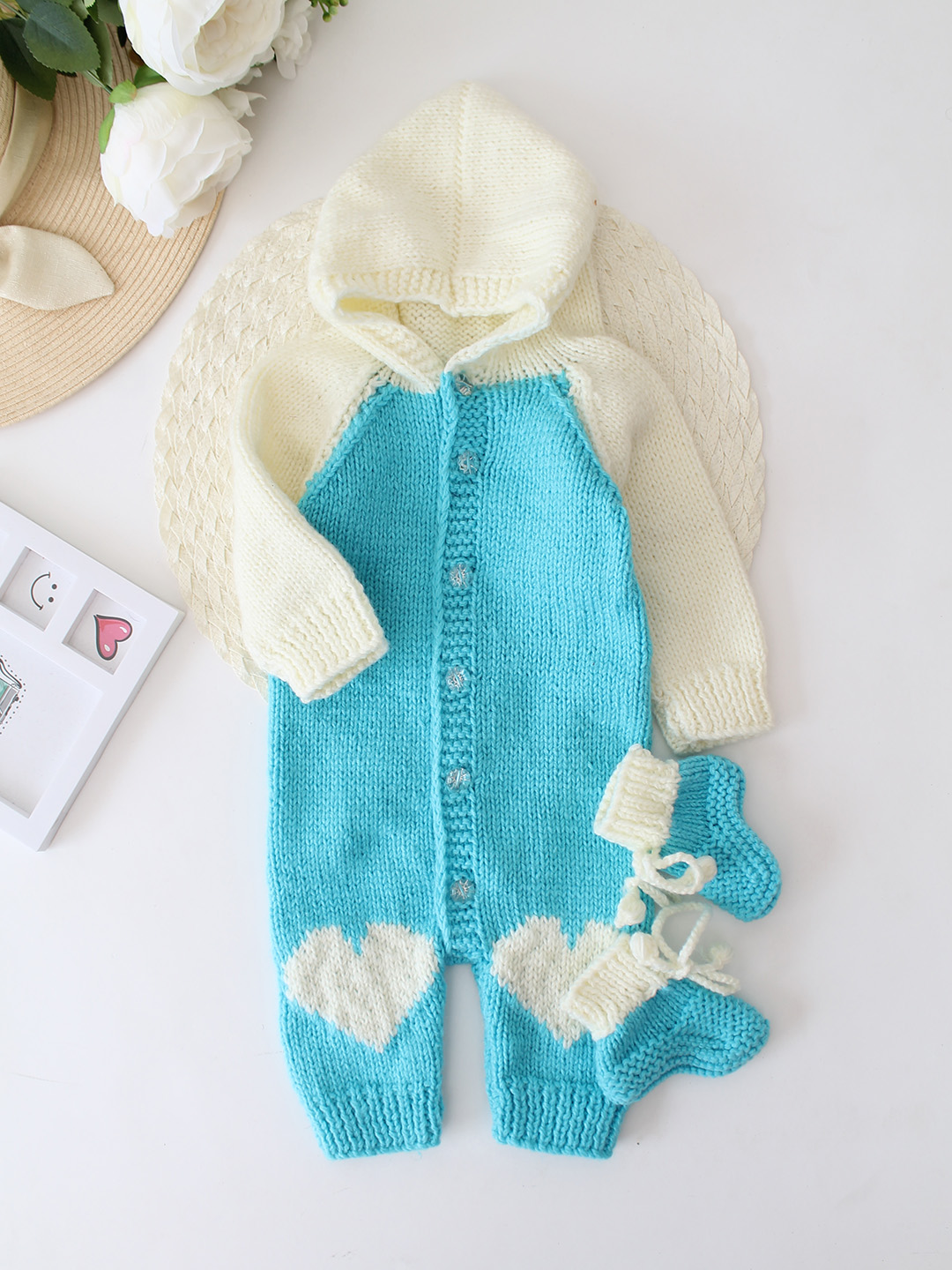 Woonie Handknitted Hooded Jumpsuit with Matching Socks - Blue