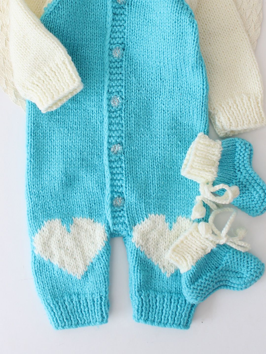 Woonie Handknitted Hooded Jumpsuit with Matching Socks - Blue