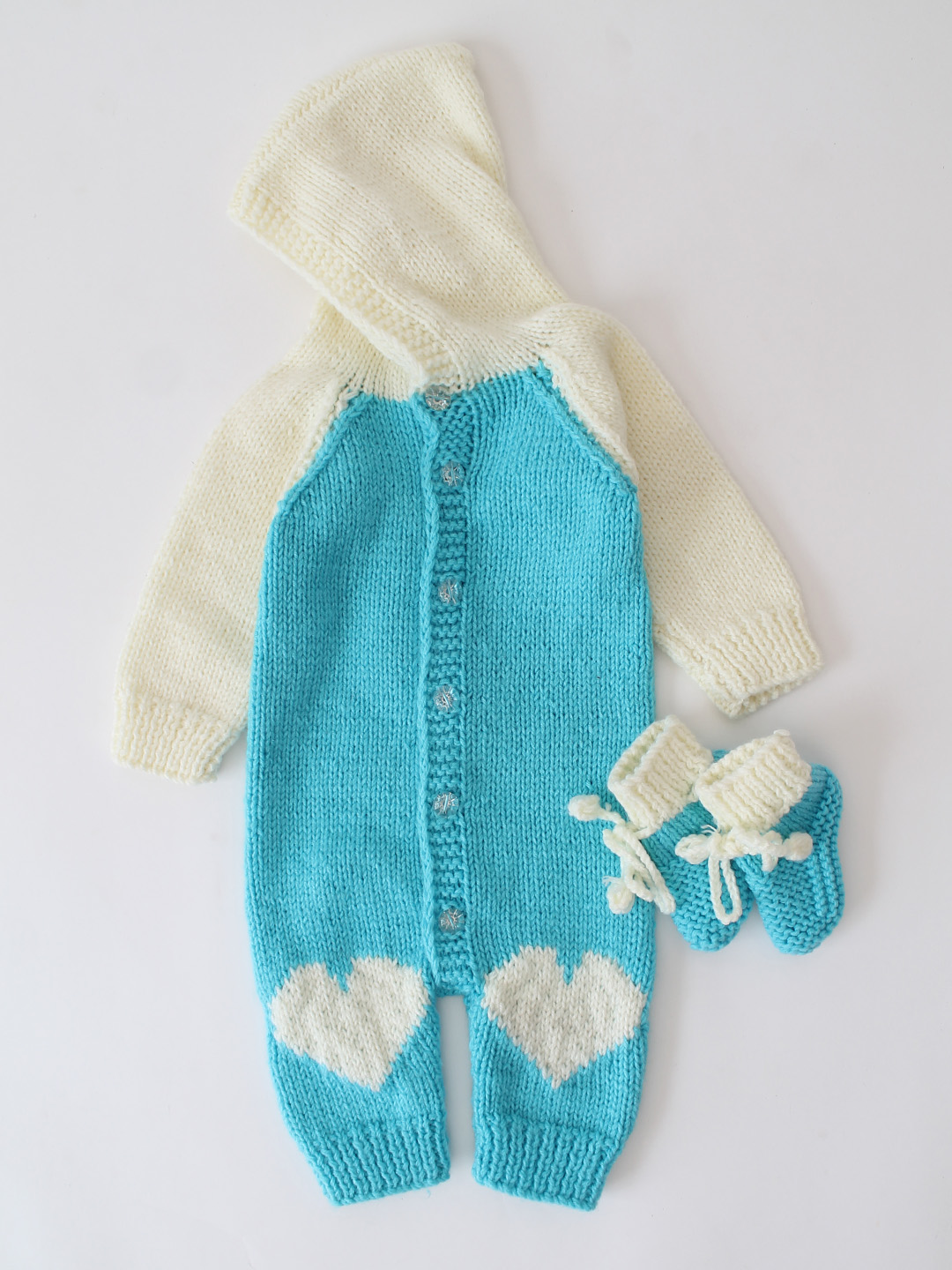 Woonie Handknitted Hooded Jumpsuit with Matching Socks - Blue