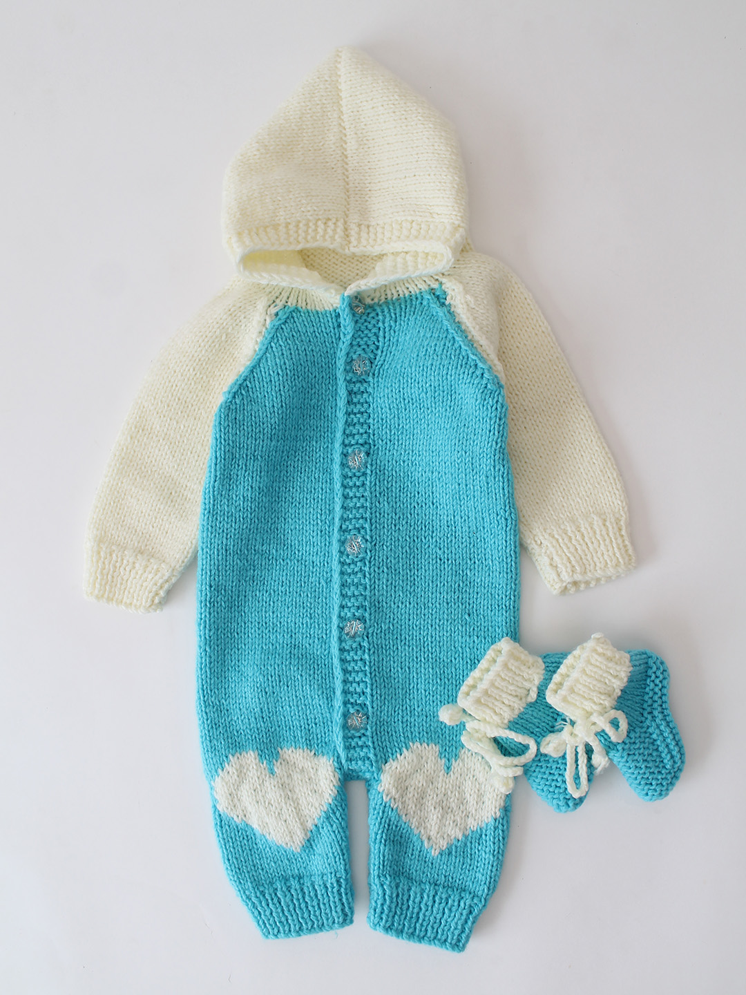 Woonie Handknitted Hooded Jumpsuit with Matching Socks - Blue