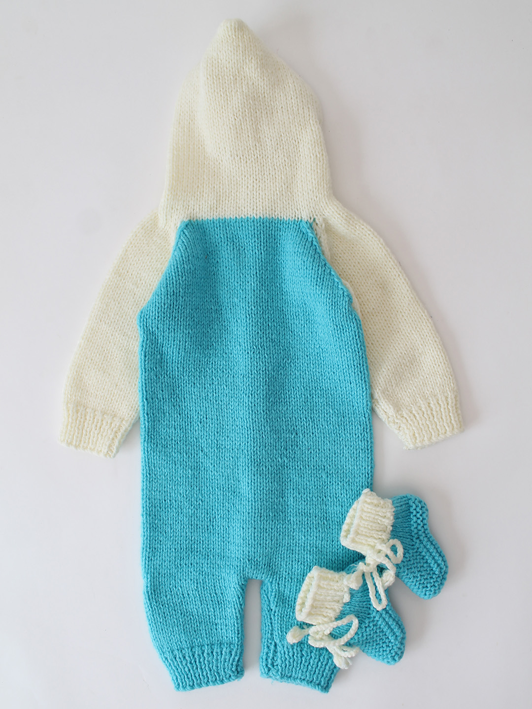Woonie Handknitted Hooded Jumpsuit with Matching Socks - Blue