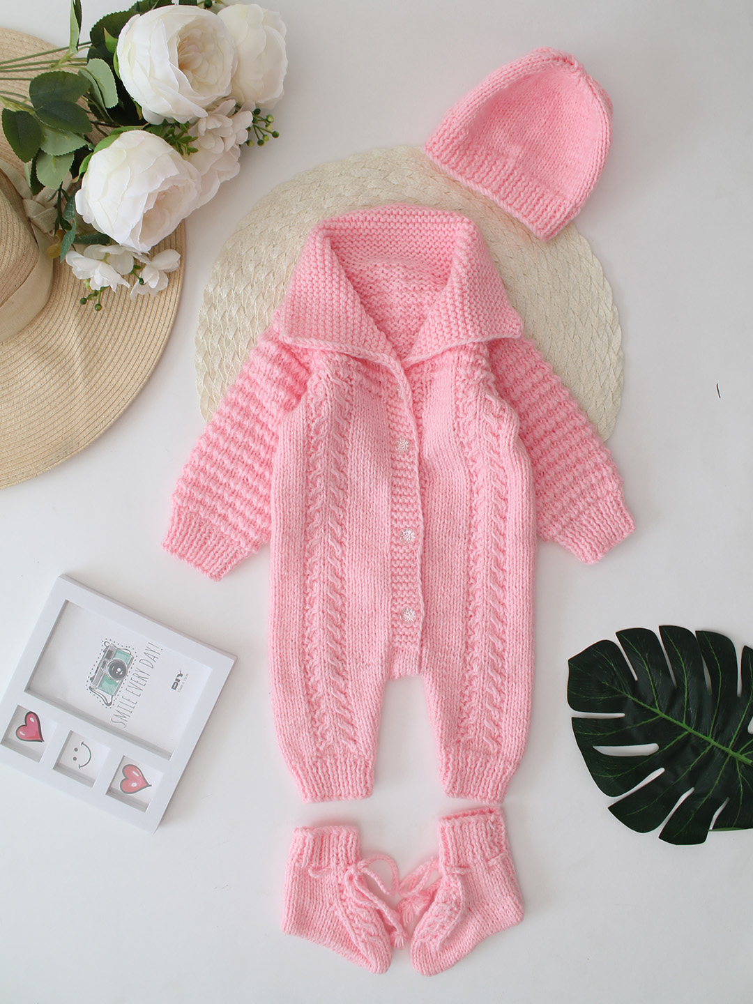 Woonie Handknitted Self Design Jumpsuit with Matching Cap and Socks - Pink