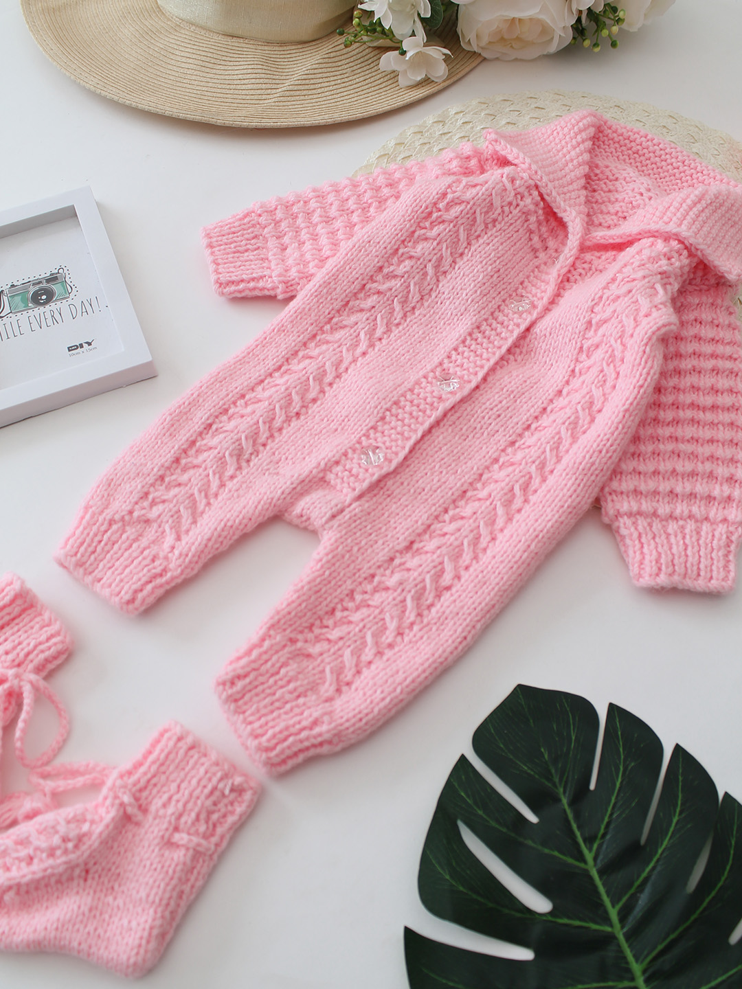Woonie Handknitted Self Design Jumpsuit with Matching Cap and Socks - Pink