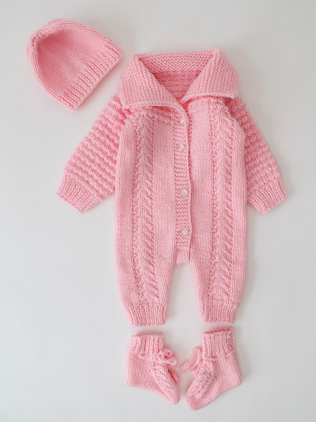 Woonie Handknitted Self Design Jumpsuit with Matching Cap and Socks - Pink