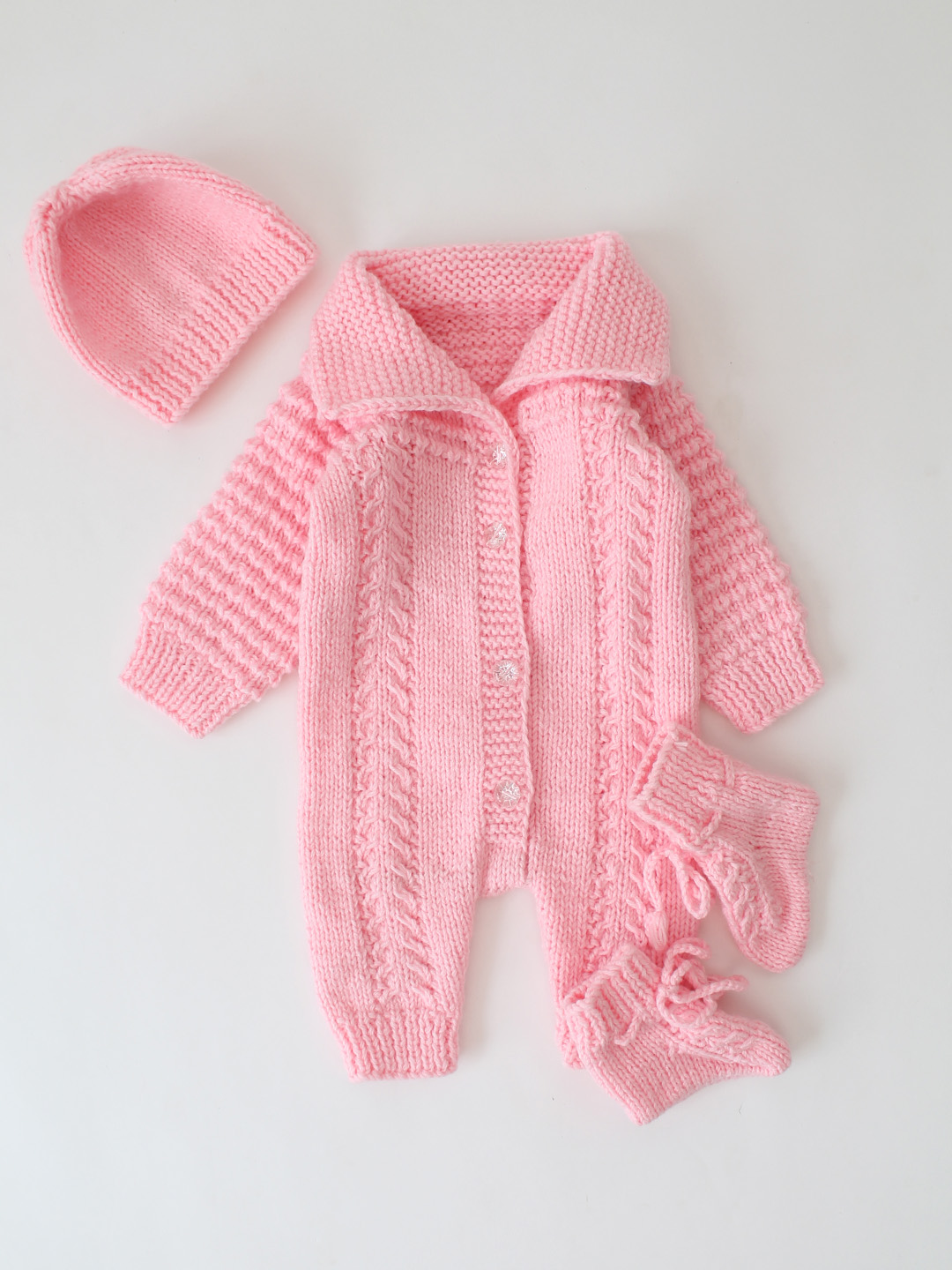 Woonie Handknitted Self Design Jumpsuit with Matching Cap and Socks - Pink