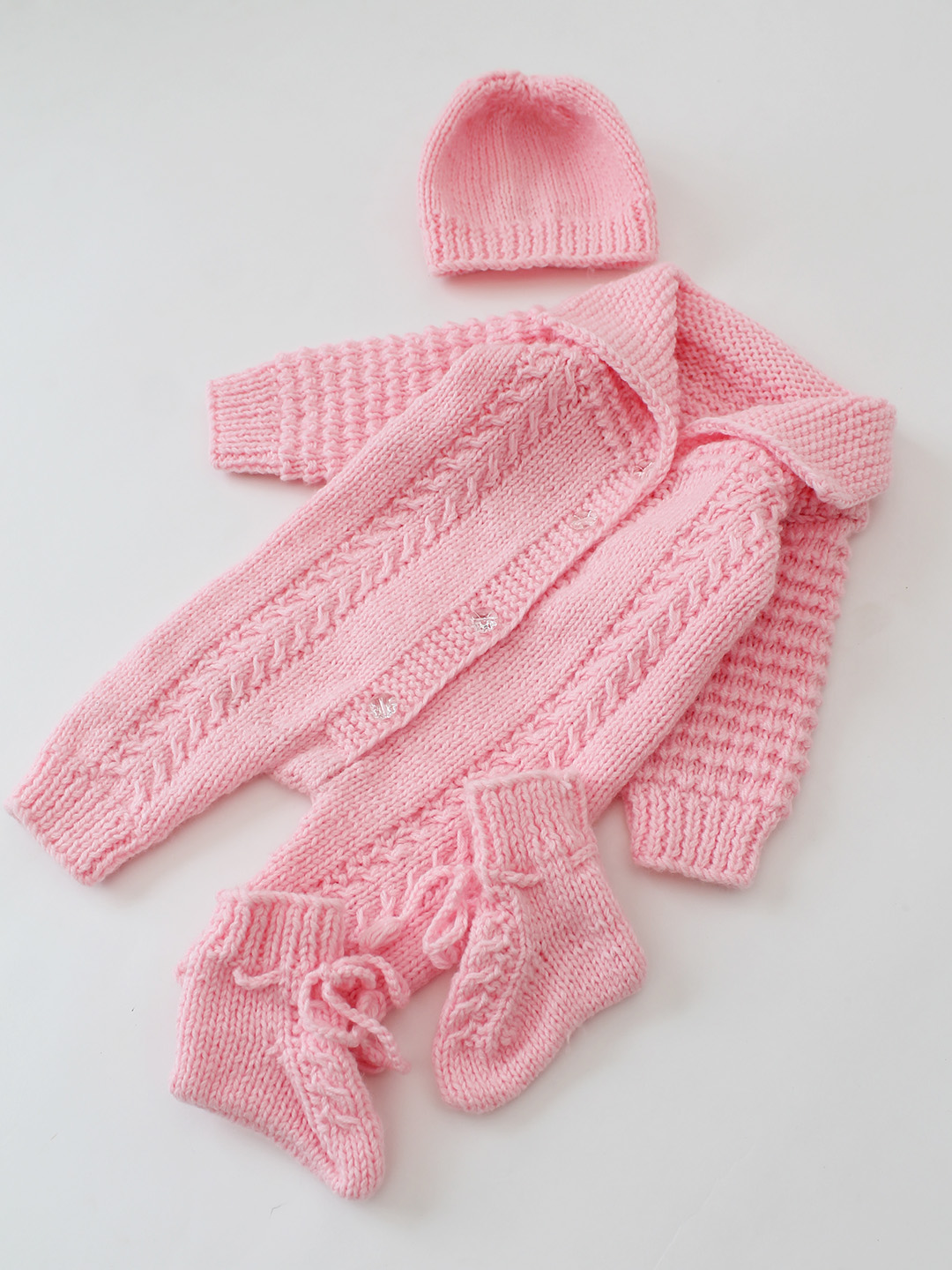 Woonie Handknitted Self Design Jumpsuit with Matching Cap and Socks - Pink