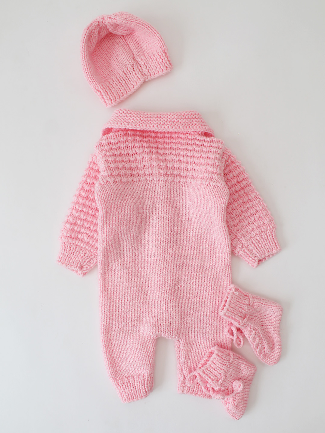 Woonie Handknitted Self Design Jumpsuit with Matching Cap and Socks - Pink