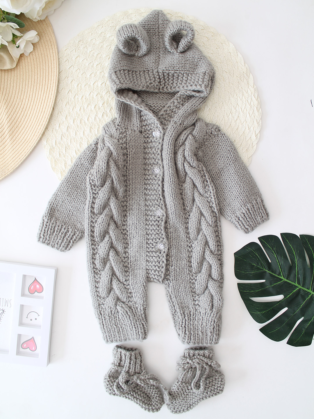 Woonie Handknitted Cable Design Hooded Jumpsuit with Matching Socks - Grey