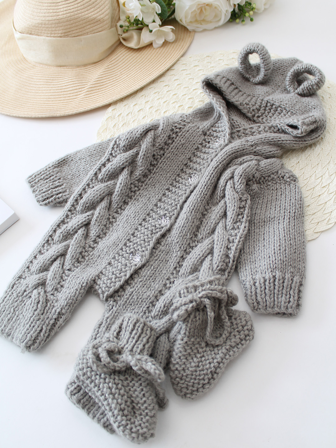 Woonie Handknitted Cable Design Hooded Jumpsuit with Matching Socks - Grey