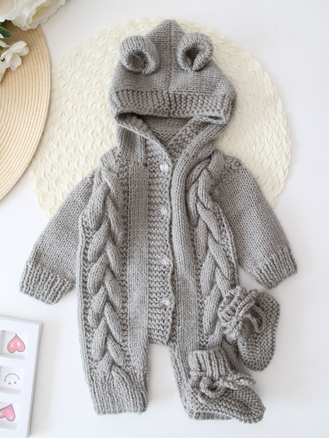 Woonie Handknitted Cable Design Hooded Jumpsuit with Matching Socks - Grey