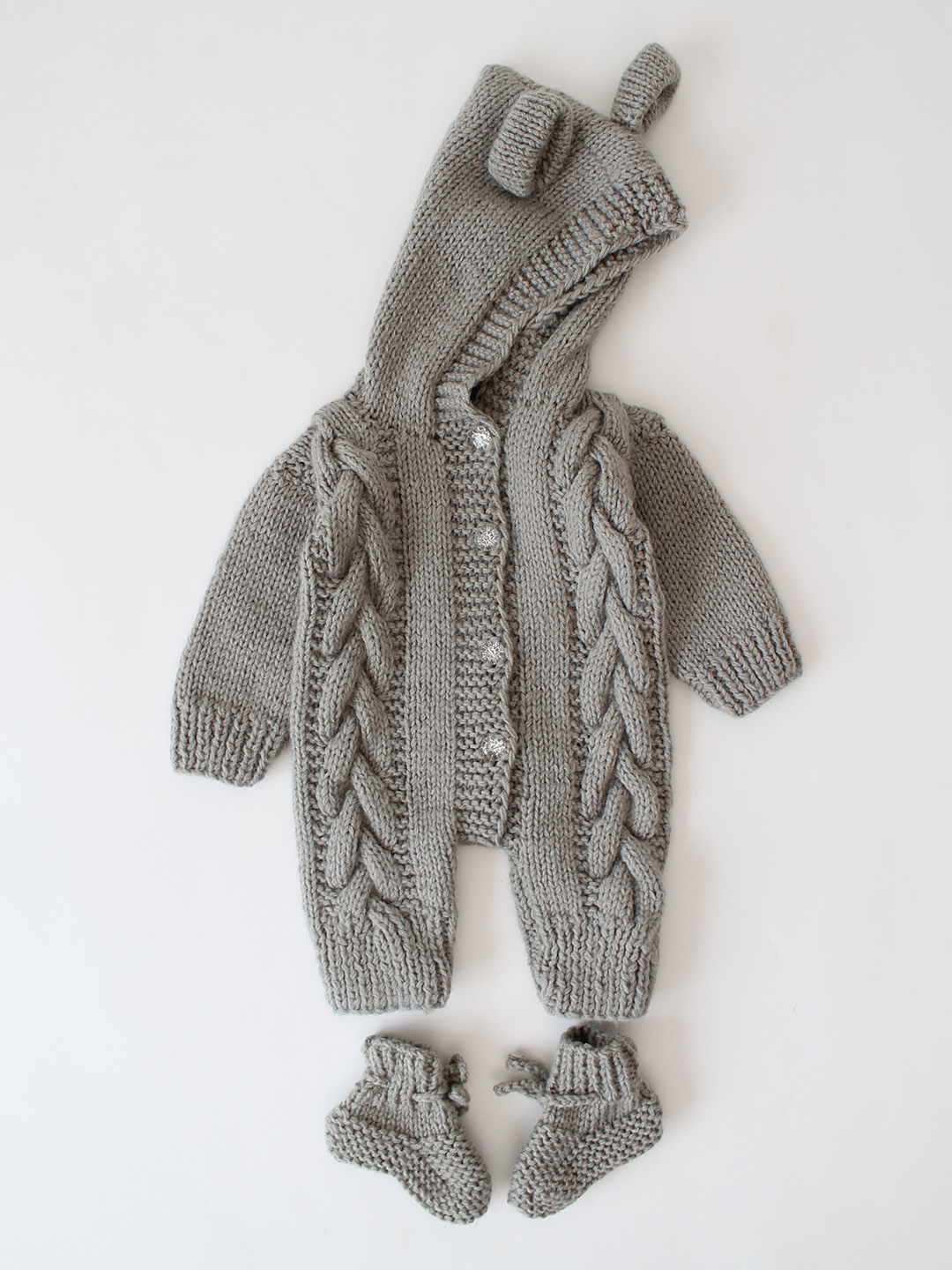 Woonie Handknitted Cable Design Hooded Jumpsuit with Matching Socks - Grey