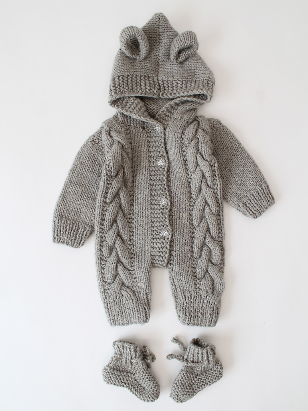 Woonie Handknitted Cable Design Hooded Jumpsuit with Matching Socks - Grey