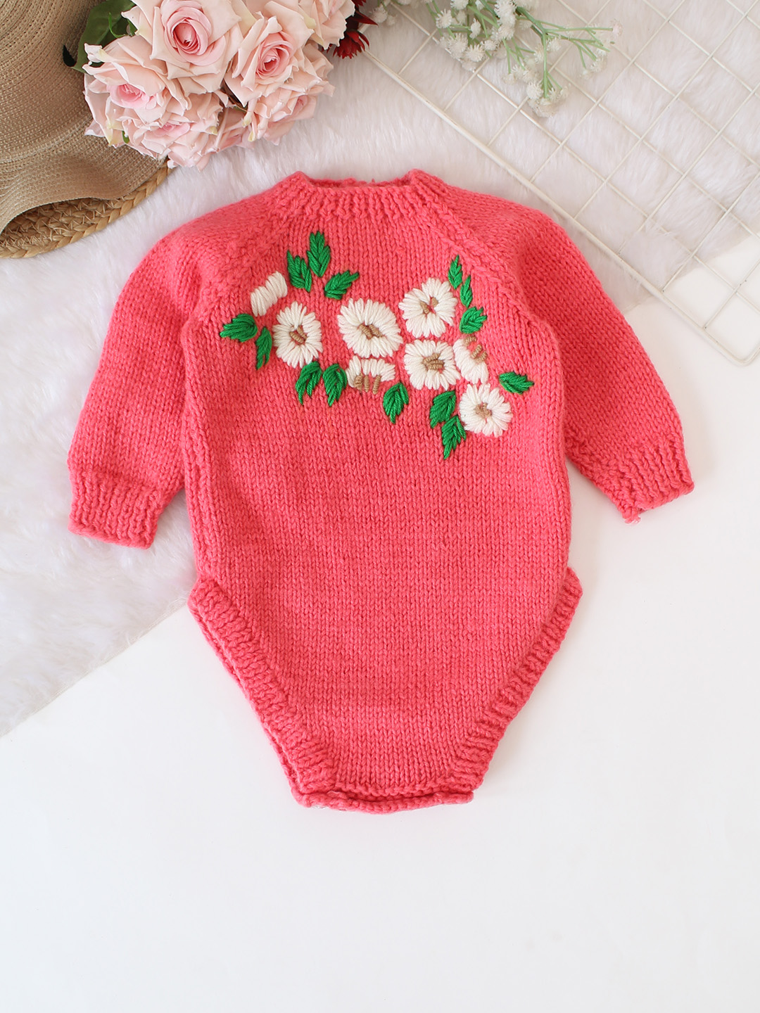 Handknitted Full Raglan Sleeves Floral Embroidered Romper - Peach